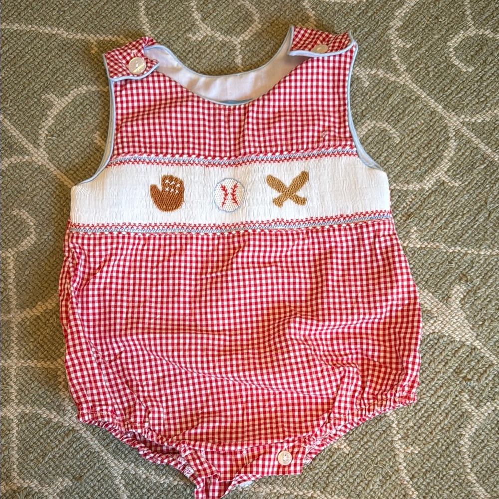 Anavini Hand Smocked Red Gingham Baseball Baby Romper 9 Months